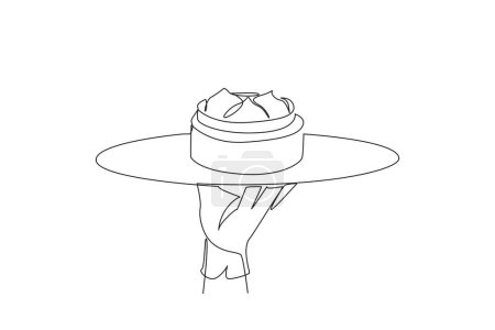 Single continuous line drawing the waiter holds a food tray serving dim sum in bamboo steamer basket. Traditional Chinese food. Has a sweet and savory salty taste. One line design vector illustration