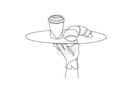 Continuous one line drawing the waiter holds a food tray serving croissants and paper coffee cup. Included in the dry cake category. Typical French pastry. Single line draw design vector illustration