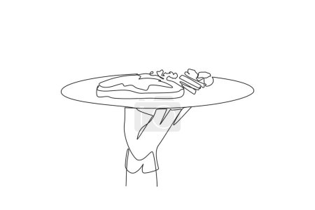 Single one line drawing waiter holding food tray serving steak. Tenderloin. Sirloin. Rib eye. Wagyu. Has a level of maturity; rare, medium, well done. Continuous line design graphic illustration