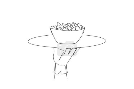 Single continuous line drawing the waiter holds a food tray serving salad. Greek salad. Fresh fruit slices. Served on a bowl. Served cold is more delicious. Tasty. One line design vector illustration