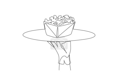 Single continuous line drawing the waiter holds a food tray serving popcorn. Made from popcorn. Avoid aging. Friends when watching movie. Has a salty taste. Snacks One line design vector illustration