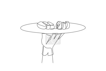 Single continuous line drawing waiter holding food tray serving sushi. Fish and vegetables wrapped in rice and mixed with vinegar. Typical food from Asia. Seafood. One line design vector illustration