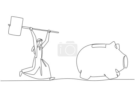 Illustration for Single continuous line drawing Arab businessman holding big hammer chasing big running piggy bank. Investment value decreases. Sell it immediately before bankrupt. One line design vector illustration - Royalty Free Image