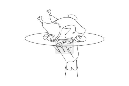 Illustration for Single one line drawing the waiter holds food tray serving roast chicken. Foods that can be consumed while on a diet. Chicken with whole pieces. Delicious. Continuous line design graphic illustration - Royalty Free Image