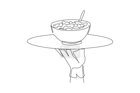 Single continuous line drawing the waiter holds a food tray serving cereal. Foods usually eaten for breakfast. Served with fresh milk. Tasty. Delicious. Filling. One line design vector illustration