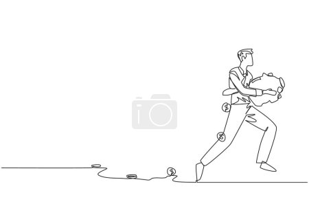 Illustration for Single one line drawing businessman running while carrying a piggy bank with coins scattered around. Run to save company assets. Must always be profitable. Continuous line design graphic illustration - Royalty Free Image