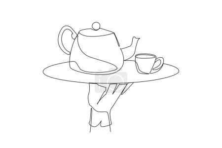 Illustration for Single one line drawing waiter holding food tray serving tea set. Relaxed atmosphere in the restaurant. Calming the mind. Able to increase body immunity. Continuous line design graphic illustration - Royalty Free Image
