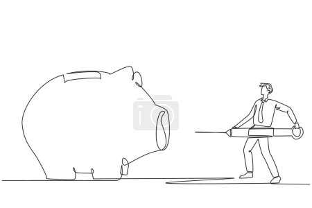 Single continuous line drawing businessman holding a big syringe and wants to inject it into a big piggy bank. Investor inject additional funds. Avoid bankruptcy. One line design vector illustration