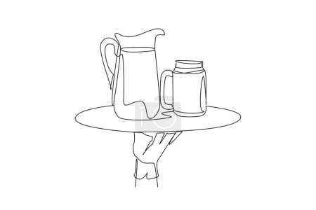 Continuous one line drawing the waiter holds food tray serving glass of lemonade and pitcher. More delicious to enjoy in summer. Refreshing drink. Healthy. Single line draw design vector illustration