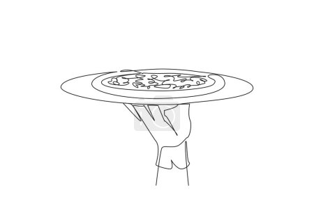 Single one line drawing waiter holding food tray serving pizza. Typical Italian food. Delicious. Lots of toppings. Pepperoni. Mold. Sausage. Mozzarella. Continuous line design graphic illustration