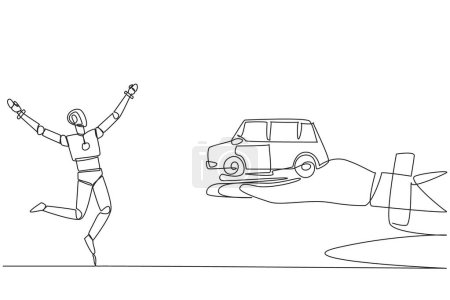 Eine durchgehende Linie zeichnet einen Roboter, der aufgeregt ist, Miniaturautos aus Riesenhand zu bekommen. Künstliche Intelligenz duplizieren. Automobiltechnologie der Zukunft. Entwicklung. Illustration eines Linien-Designvektors