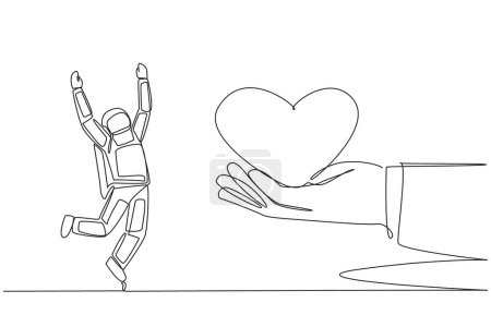 Une ligne continue dessinant l'astronaute est heureux d'obtenir l'amour de la main géante. Accueillis par des êtres chers sur terre. Une mission très réussie. Cosmonaute. Illustration vectorielle de dessin à ligne unique