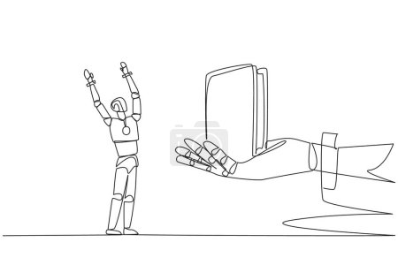 Continuous one line drawing robot was excited to get a wallet from the giant hand. A compact place to store important things. Future technology concept. Single line draw design vector illustration