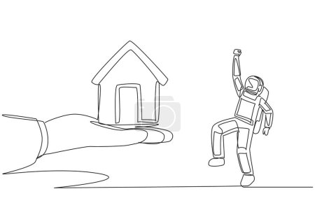 Una línea continua dibujando al astronauta emocionado de obtener una casa en miniatura de mano gigante. El astronauta llega a casa. Descansa. Cosmonauta del espacio exterior. Ilustración vectorial de diseño de línea única