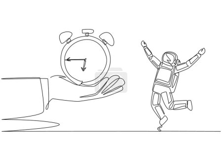 Una sola línea dibujando astronauta emocionado de conseguir despertador de la mano gigante. Forma de reloj antiguo y clásico. Sonido de alarma fuerte. Recordatorio. Cosmonauta. Ilustración gráfica de diseño de línea continua