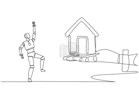 Single continuous line drawing a robot excited to get a miniature house from giant hand. The best technology production house. Future artificial intelligence. One line design vector illustration