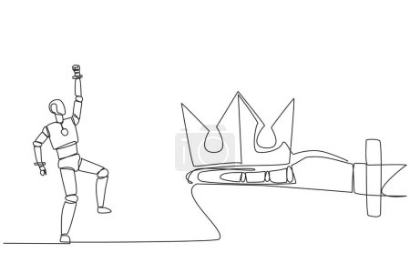 Single continuous line drawing robot happy to get the crown from the giant hand. Mastering the world of technology. Master the best. Future technology development. One line design vector illustration