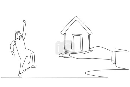 Continuous one line drawing Arab businessman excited to get a miniature house from giant hand. Extraordinary gift from board of directors. Residential home. Single line draw design vector illustration