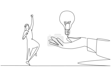 Ein einziger Strich zeichnet einen arabischen Geschäftsmann, der begeistert ist, eine Glühbirne aus einer riesigen Hand zu bekommen. Unbezahlbares Geschenk. Innovation. Brainstorming. Für den geschäftlichen Fortschritt. Durchgehende Liniengestaltung grafische Illustration