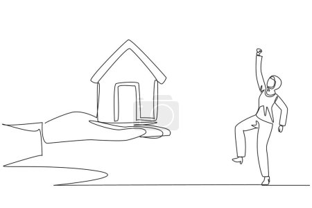 Continuous one line drawing Arab businesswoman excited to get miniature house from giant hand. Challenges need to be better. Investment as well as property. Single line draw design vector illustration