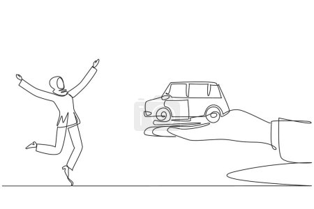 Einzelne durchgehende Linienzeichnung arabische Geschäftsfrau aufgeregt, Miniatur-Auto aus riesiger Hand zu bekommen. Autogeschenk. Transport auf dem Weg zum Erfolg. Brillant. Illustration eines Linien-Designvektors