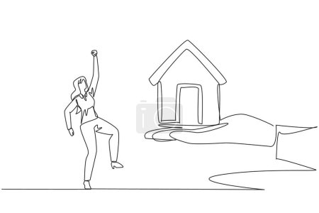 Single one line drawing businesswoman was excited to get a miniature house from giant hand. Hard work gets comparable results. Trusted to place a new house. Continuous line design graphic illustration