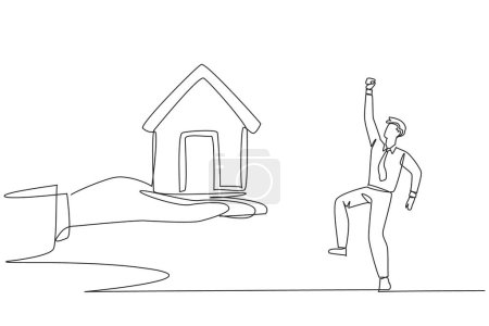 Single continuous line drawing businessman was excited to get a miniature house from the giant hand. Important prize. Proud achievement. Home bonus is a dream. One line design vector illustration
