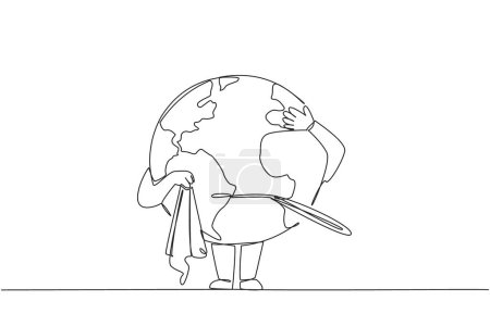 Continuous one line drawing globe chews thermometer while holding handkerchief. Imbalance occurs. The earth's temperature is getting warmer. Global warming. Single line draw design vector illustration