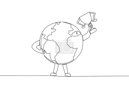 Einzeilige Zeichnung Globus hob die Trophäe mit einer seiner Hände. Der beste Ort für alle Lebewesen. Die Erde grün halten. Die Rettung der Erde. Durchgehende Liniengestaltung grafische Illustration