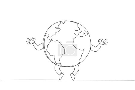 Single one line drawing globe doing yoga movements. The calm of the earth keeps life longer. One day without pollution, gives freshness to the earth. Save. Continuous line design graphic illustration