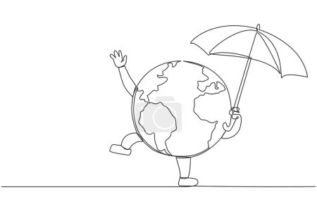 Continuous one line drawing globe holding an umbrella. Protects the earth's ozone layer from perforating. The air remains healthy. No extreme weather. Single line draw design vector illustration