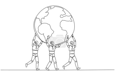 Single continuous line drawing group of robots working together carry globe. Globalizing artificial intelligence technology. AI based future concept. Development. One line design vector illustration