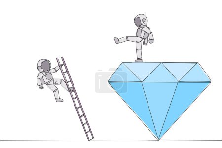Una sola línea de dibujo astronauta patea rival que está subiendo el diamante con una escalera. Derribar rival de lograr una posición gloriosa juntos. Ilustración gráfica de diseño de línea continua