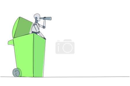 Continuous one line drawing a smart robot emerges from a wheeled bin looking for something through binoculars. Trying to restore deleted and wasted data. Single line draw design vector illustration