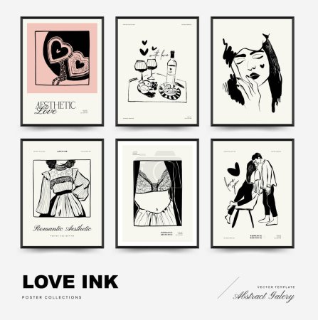 Illustration for Modern Valentine's day vertical flyer or poster template set. Love hand drawn trendy illustration. - Royalty Free Image