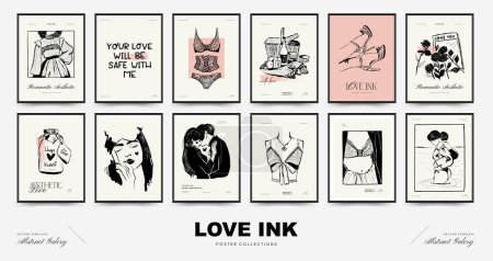 Illustration for Modern Valentine's day vertical flyer or poster template set. Love hand drawn trendy illustration. - Royalty Free Image
