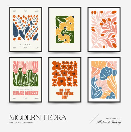 Plantilla de carteles florales abstractos. Moderno estilo minimalista Matisse de moda. Colores rosa y azul. Diseño dibujado a mano para el papel pintado, decoración de la pared, impresión, tarjeta postal, cubierta, plantilla, bandera. 