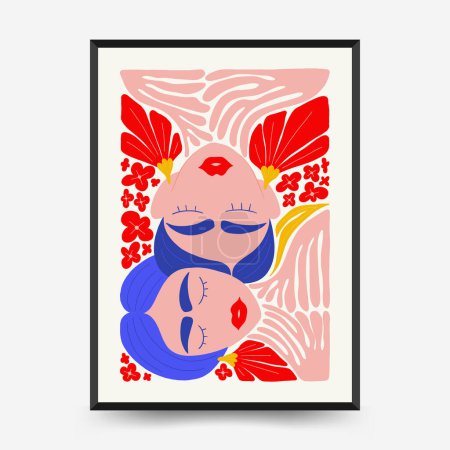 Illustrazione per Abstract art posters template. Modern trendy Matisse minimal style. Pink, blue, yellow colors. Hand drawn design for wallpaper, wall decor, print, postcard, cover, template, banner. - Immagini Royalty Free