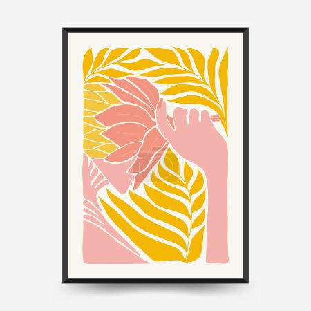 Illustration for Abstract art posters template. Modern trendy Matisse minimal style. Pink, blue, yellow colors. Hand drawn design for wallpaper, wall decor, print, postcard, cover, template, banner. - Royalty Free Image