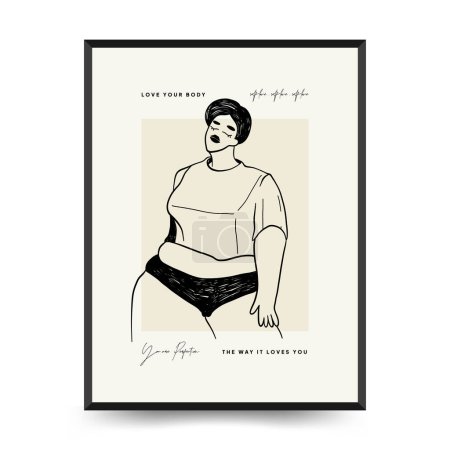 Illustration for Feminism body positive poster template, wall art with minimalistic female figure, love to own figure, female freedom, girl power isolated vector illustration. Abstract body Art design for print, cover, wallpaper, Minimal wall art. - Royalty Free Image