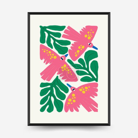 Illustration for Abstract floral posters template. Modern trendy Matisse minimal style. Pink and blue colors. Hand drawn design for wallpaper, wall decor, print, postcard, cover, template, banner. - Royalty Free Image