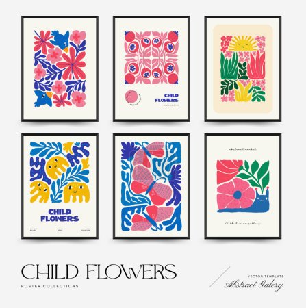 Téléchargez les illustrations : Abstract floral posters template. Modern trendy Matisse minimal style. Pink and yellow colors. Hand drawn design for wallpaper, wall decor, print, postcard, cover, template, banner. - en licence libre de droit