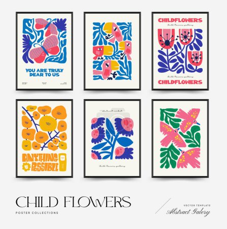 Plantilla de carteles florales abstractos. Moderno estilo minimalista Matisse de moda. Colores rosa y amarillo. Diseño dibujado a mano para el papel pintado, decoración de la pared, impresión, tarjeta postal, cubierta, plantilla, bandera. 
