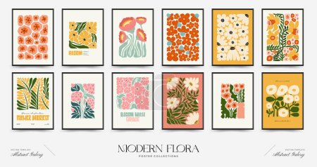 Modèle abstrait d'affiches florales. Moderne à la mode Matisse style minimal. Couleurs rose et bleu. Conception dessinée à la main pour papier peint, décor mural, impression, carte postale, couverture, modèle, bannière. 