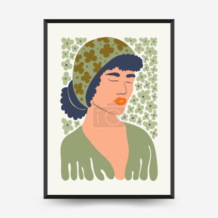 Plantilla abstracta de carteles florales y femeninos. Moderno estilo minimalista Matisse de moda. Linda chica y la moda. Diseño dibujado a mano para el papel pintado, decoración de la pared, impresión, tarjeta postal, cubierta, plantilla, bandera. 