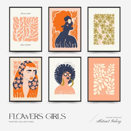 Illustration for Abstract floral and women posters template. Modern trendy Matisse minimal style. Cute girl and fashion. Hand drawn design for wallpaper, wall decor, print, postcard, cover, template, banner. - Royalty Free Image