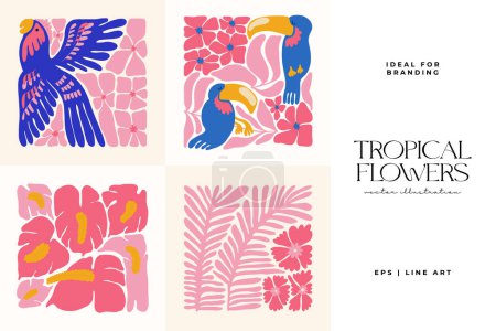 Florale abstrakte Elemente. Tropische botanische Zusammensetzung. Moderner trendiger Matisse-Minimal-Stil. Florales Plakat, einladen. Vektor-Arrangements für Grußkarte oder Einladungsdesign