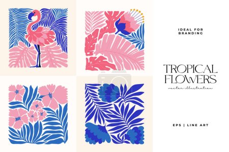 Elementos abstractos florales. Composición botánica tropical. Moderno estilo minimalista Matisse de moda. Cartel floral, invitar. Disposiciones vectoriales para la tarjeta de felicitación o el diseño de invitación