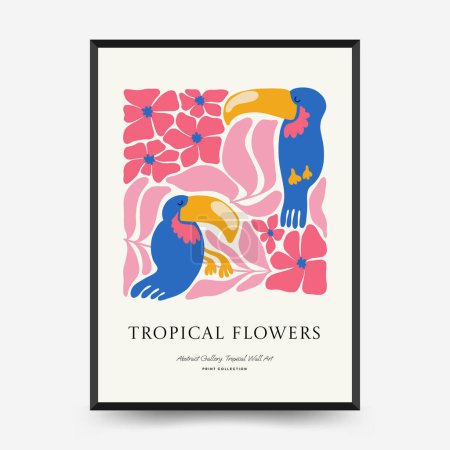 Modèle abstrait d'affiches florales. Moderne à la mode Matisse style minimal. Jungle tropicale. Conception dessinée à la main pour papier peint, décor mural, impression, carte postale, couverture, modèle, bannière. 