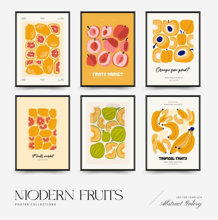 Illustration for Abstract fruits posters template. Modern trendy Matisse minimal style. Exotic Healthy Food. Hand drawn design for wallpaper, wall decor, print, postcard, cover, template, banner. - Royalty Free Image